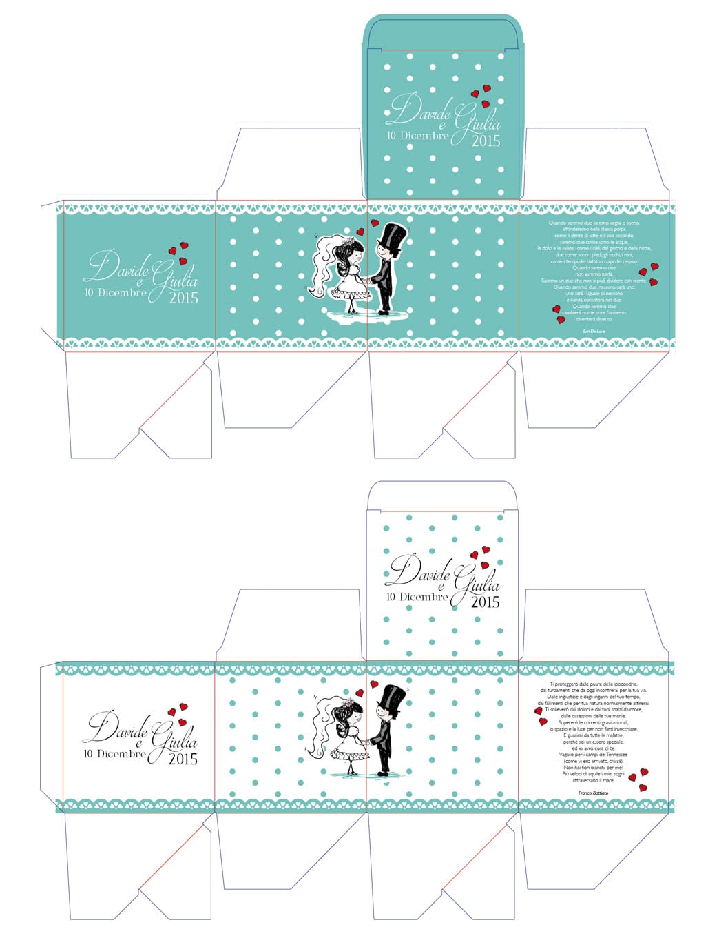 Tracciato Fustella con Grafica Packaging Scatola Bomboniera per Matrimoni