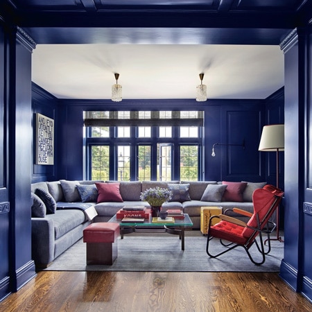 Sofisticato soggiorno con le pareti blu classico