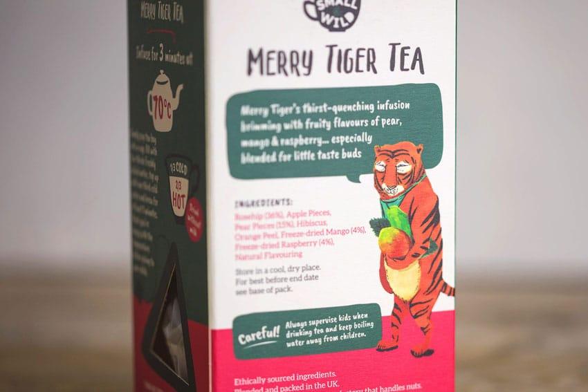 La tigre felice sul packaging design del tè per  bimbi