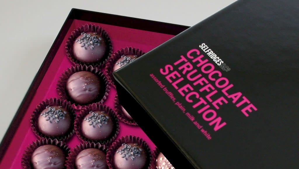 Typography on Selfridges chocolate truffle selection packaging