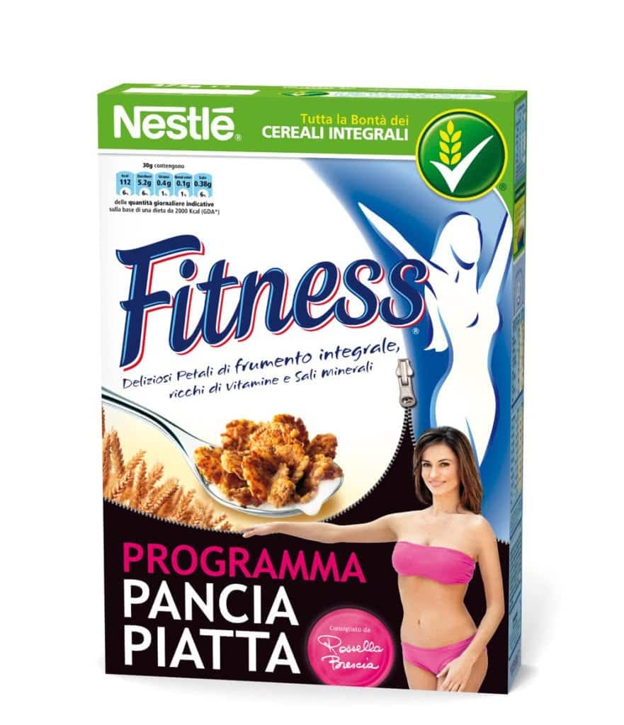 Nestlé Fitness Ceareal Box with a nutritional label and celebrity endorsement