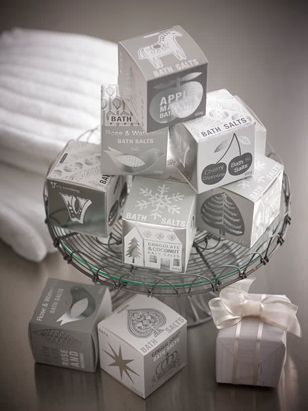 A stack of Bath Salts Boxes by Bath House