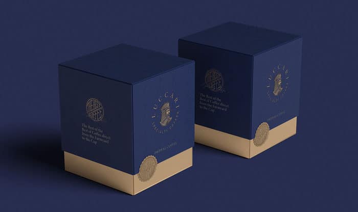 Premium packaging in blu per caffè