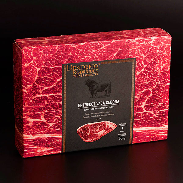 Original red cardboard box for steaks