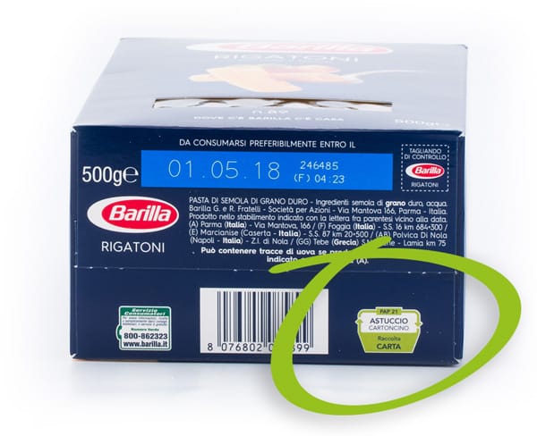 Etichetta su pacco di pasta Barilla con indicazione ambientale