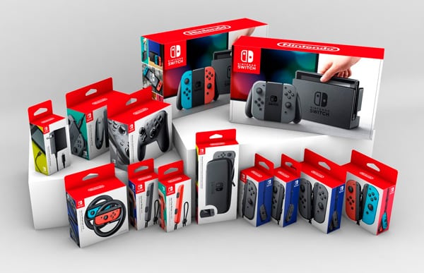 Nintendo switch and its accessories in hanging boxes