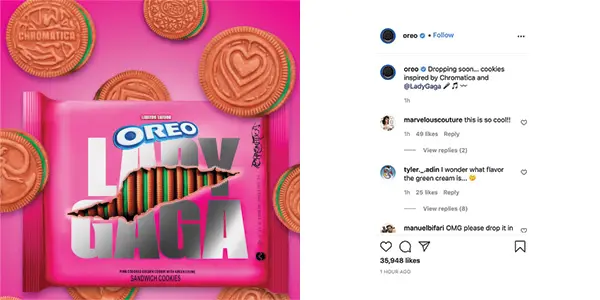 Oreo's announcement of the Lady Gaga limited edition on Instagram