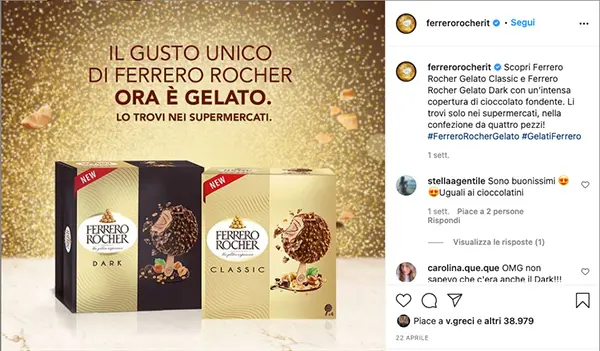 Annuncio Instagram dei nuovi gelati Ferrero