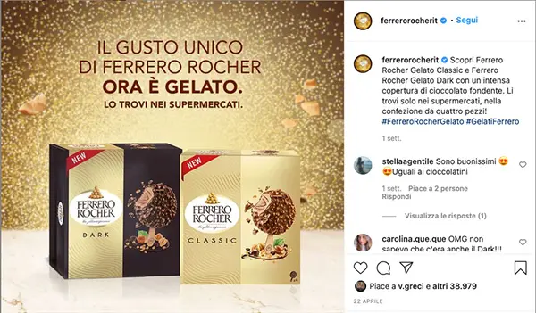 Instagram post on new Ferrero ice creams