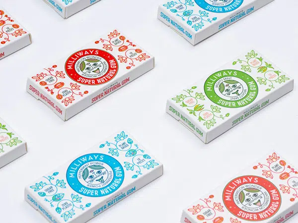 Slim boxes for vegan chewing gums by Milliways