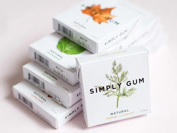 Minimal but impactful Simply Gum boxes