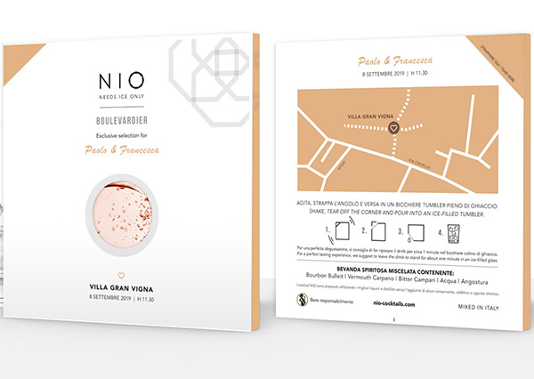NIO cocktails' strategic packaging as wedding invitation