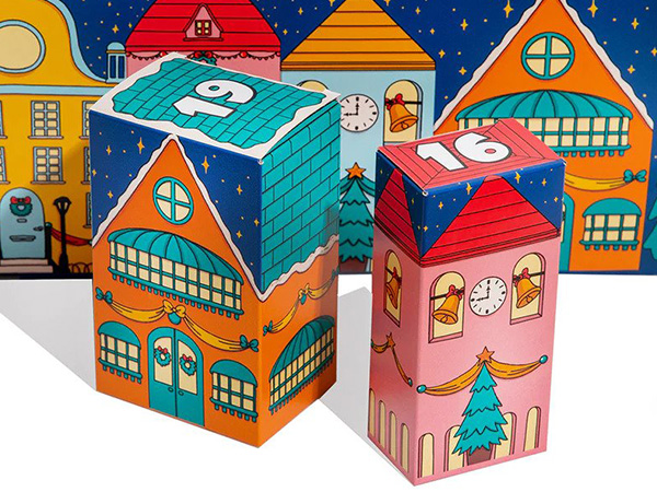 Details on the tuck-end boxes for Xmas village