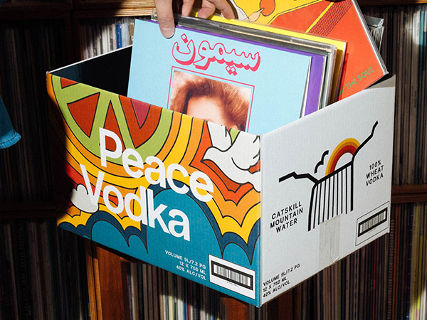 Peace Vodka's packaging reused as a vinyl records holder