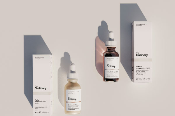 Packaging for cosmetics The Ordinary: white boxes and labels with black print