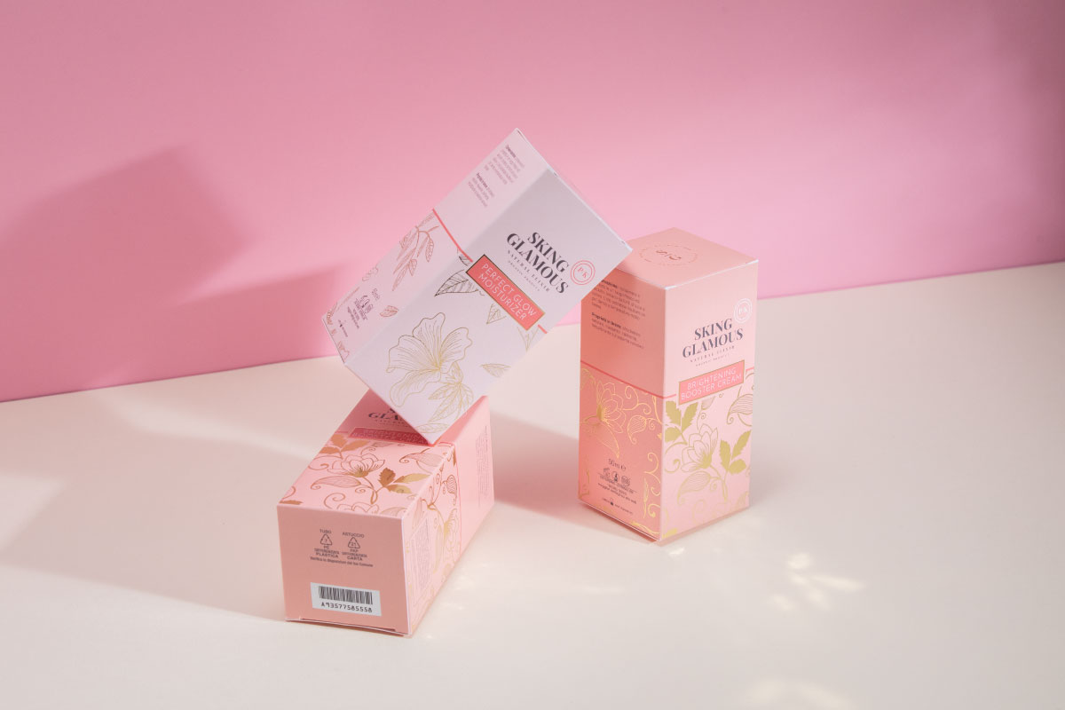 Scatole per cosmetici rosa e bianche con stampa personalizzata Packly
