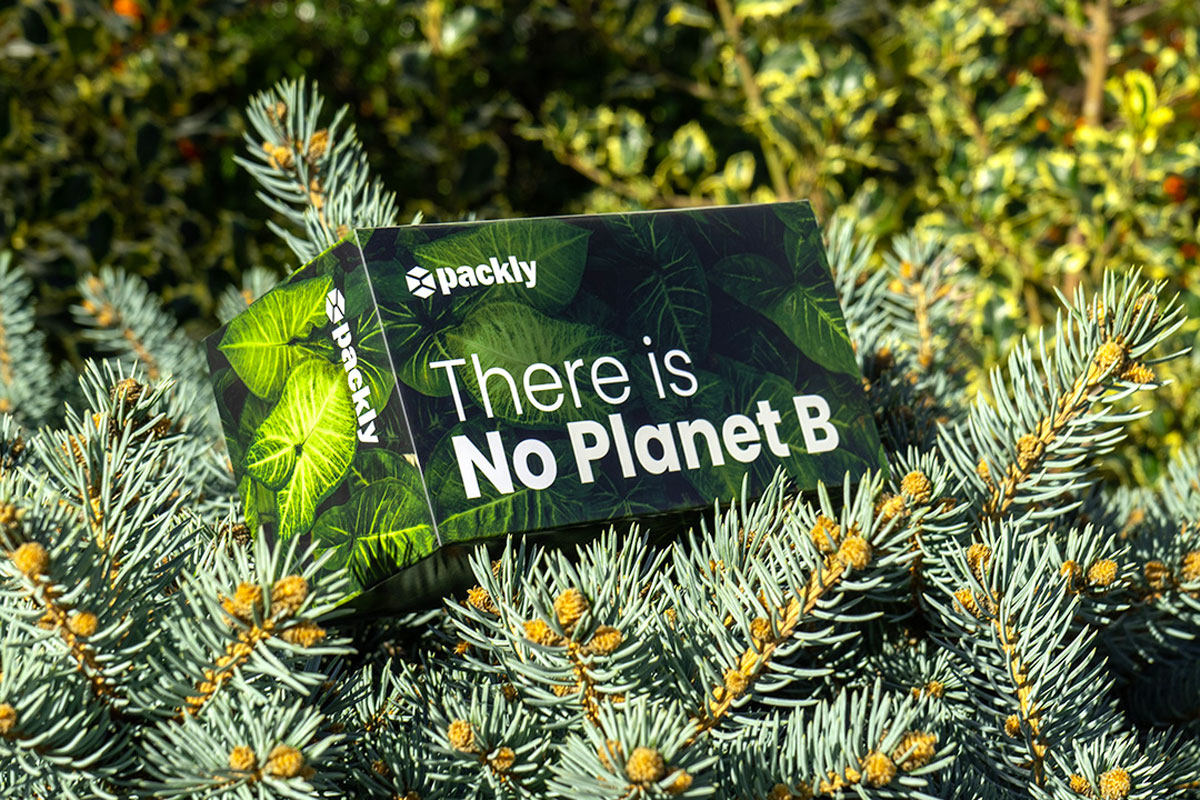 Un packaging sostenibile verde con scritta "There is No Planet B"