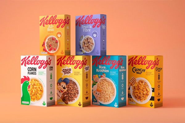 Boîtes de céréales Kellogg's de différentes couleurs