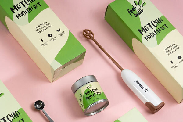 Green tea boxes from the Feel Brill brand