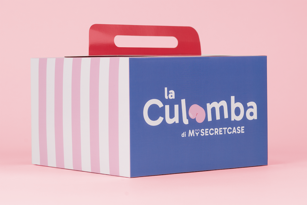 Scatola per colomba pasquale in cartoncino con manico, con colori pastello su sfondo bianco