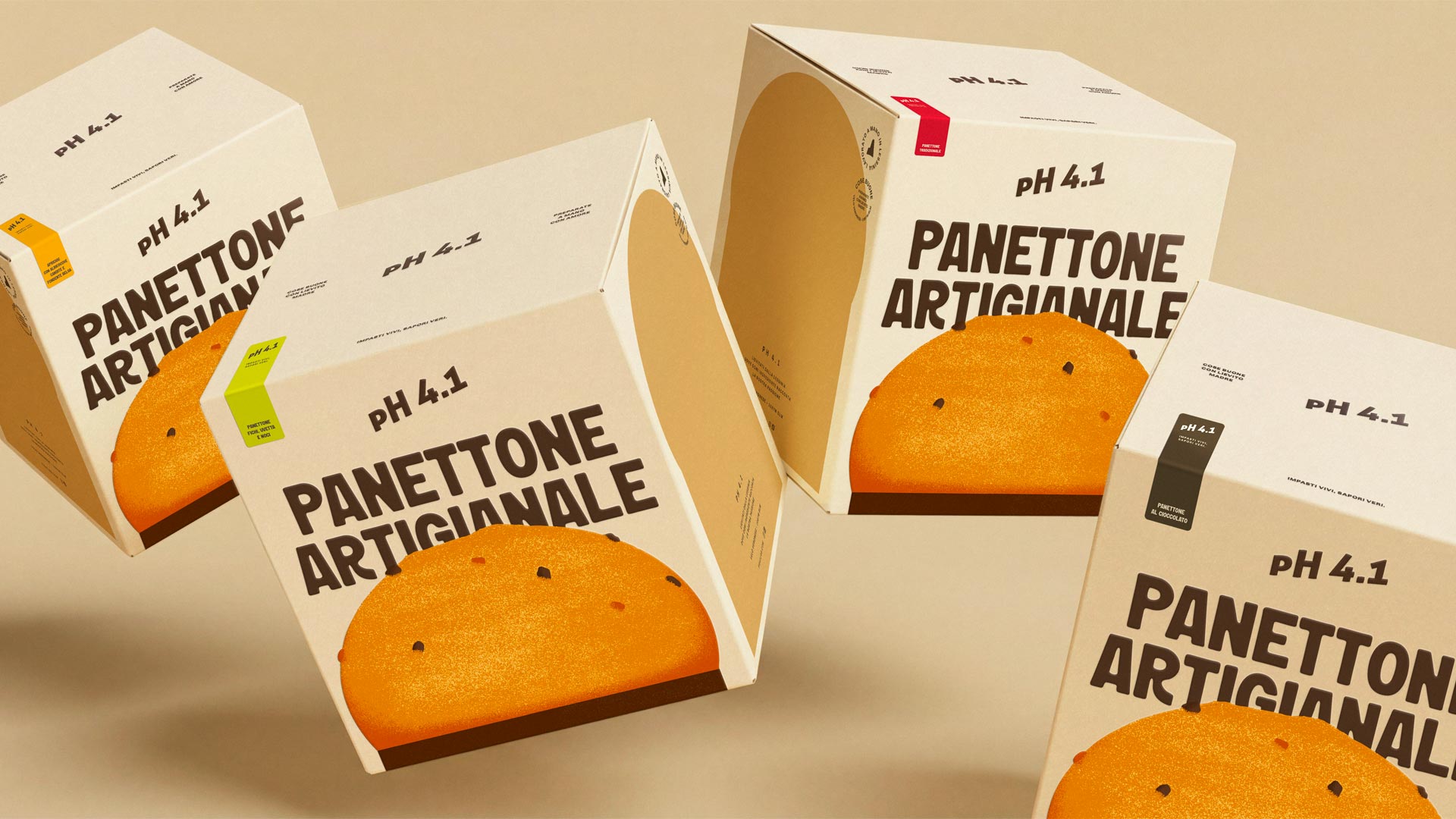 Four panettone boxes from the PH4.1 Lab brand, produced by Packly