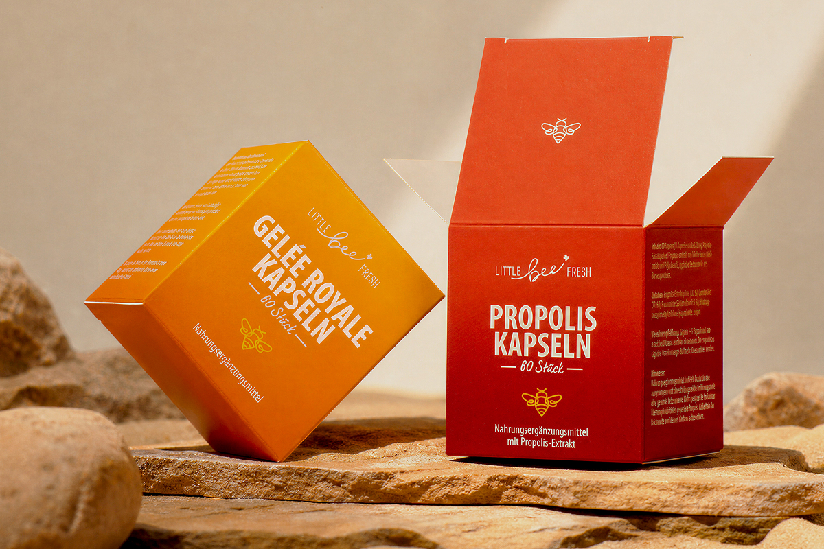 Bunte Little Bee-Boxen für ihre natürlichen Nahrungsergänzungsmittel, hergestellt mit Packly