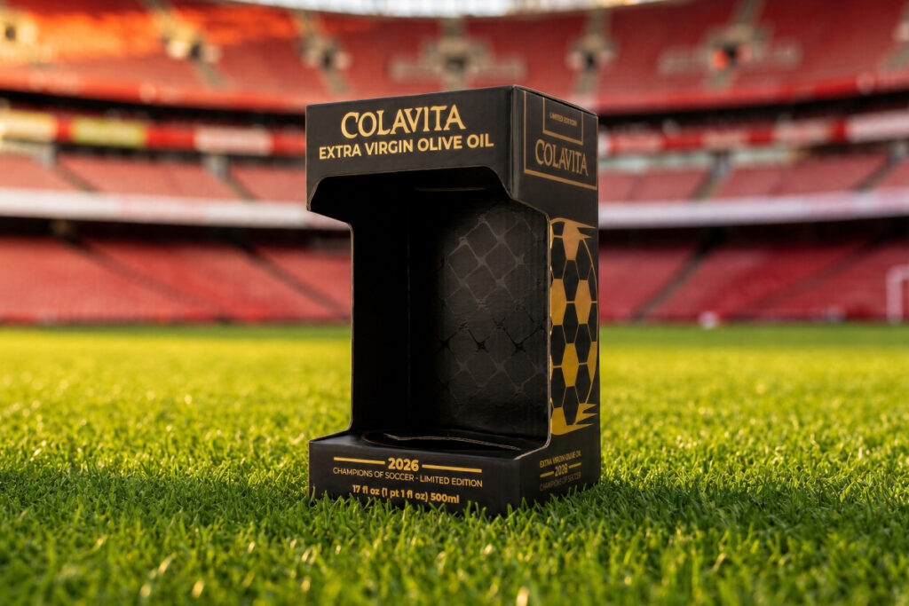 Il packaging su misura edizione speciale nero e oro per le bottiglie di olio Colavita prodotto da Packly, poggiato sull'erba del campo da calcio con lo stadio sullo sfondo.